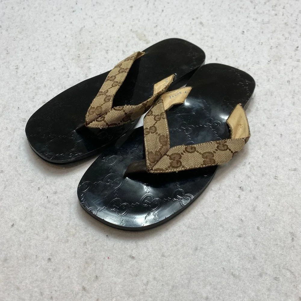 Gucci Sandals Mens 41 Black Brown Iconic GG Monogram Canvas Thong Flip Flop - Picture 3 of 11